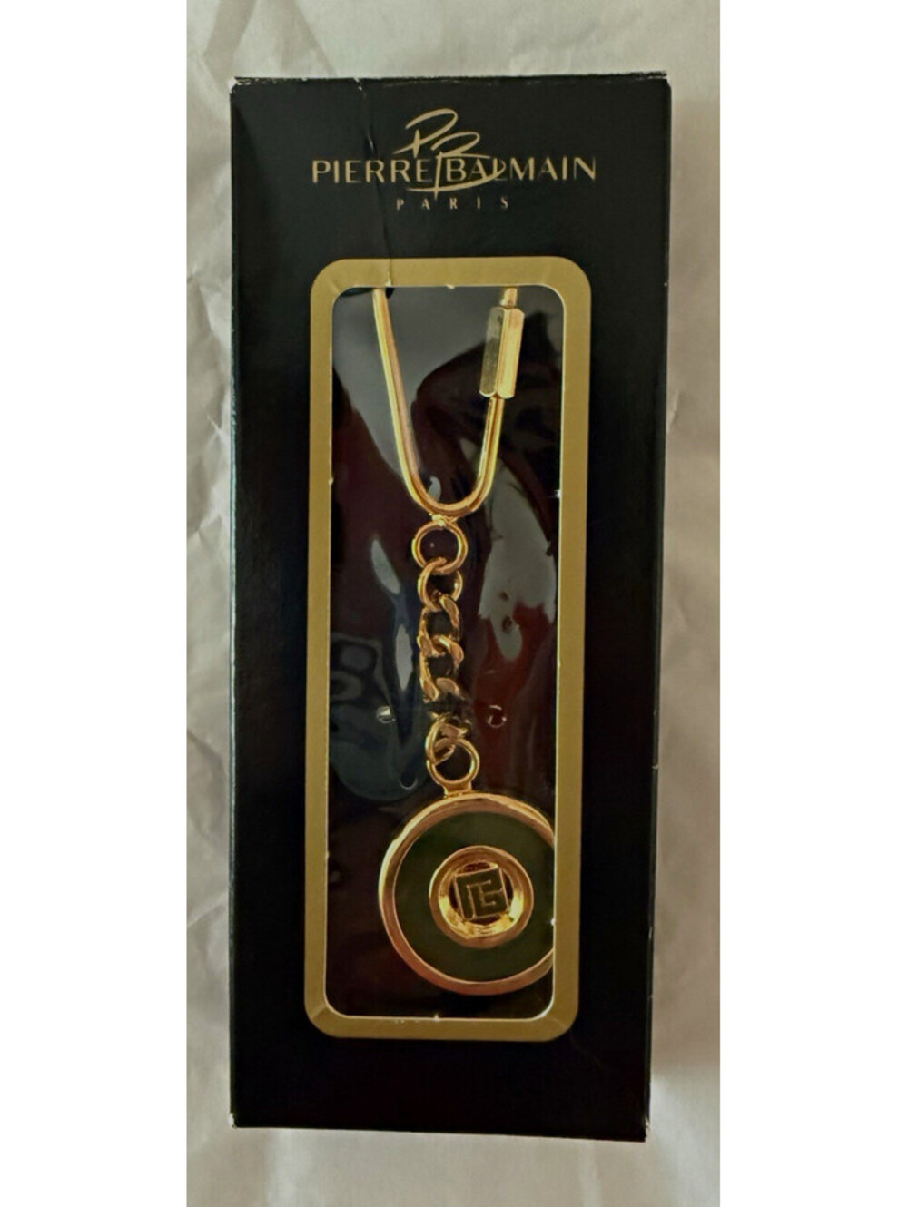 Vintage Pierre Balmain Paris Gold Tone Key Chain Clip w/ Green Round Charm